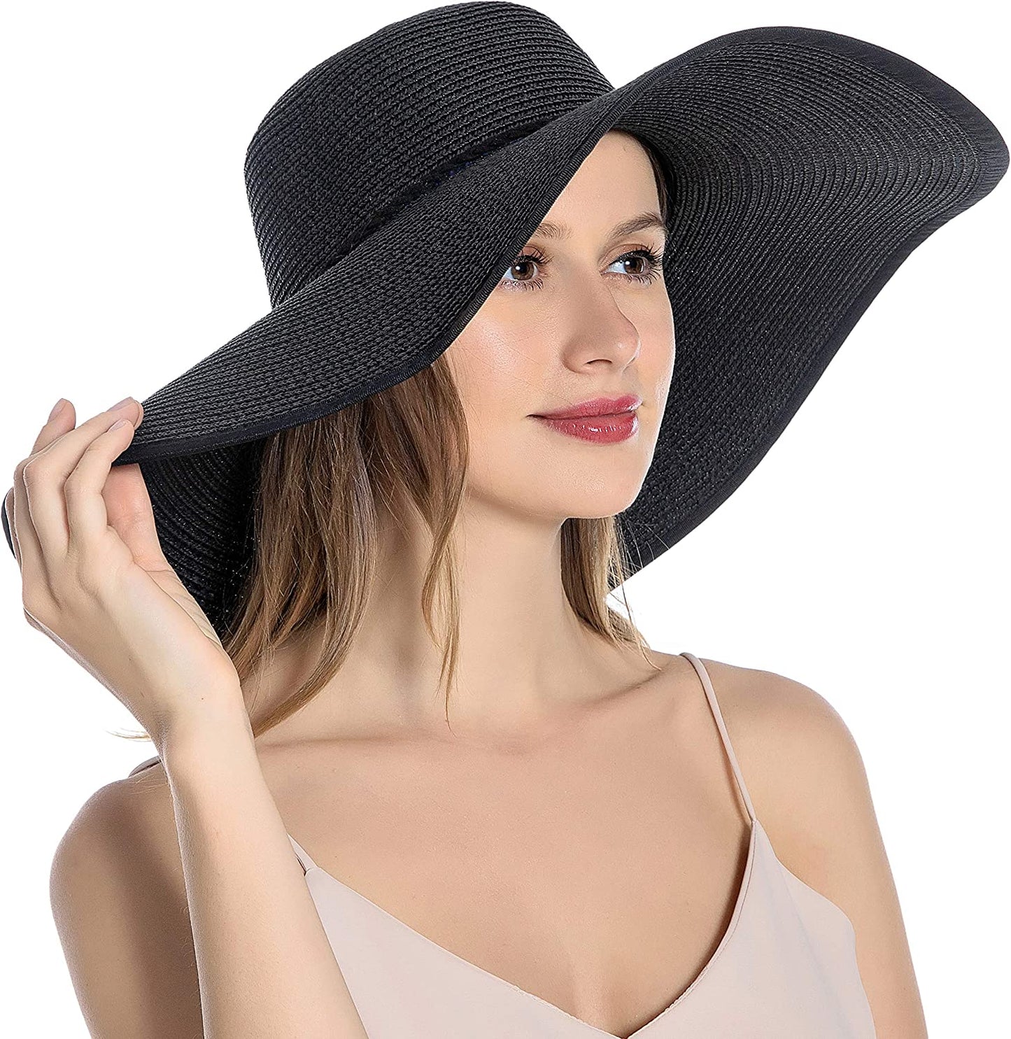 Muryobao Womens Sun Straw Hat Wide Brim UV UPF 50 Summer Hat Foldable Roll up Floppy Beach Cap for Women Apparel & Accessories > Clothing Accessories > Hats Muryobao Black  
