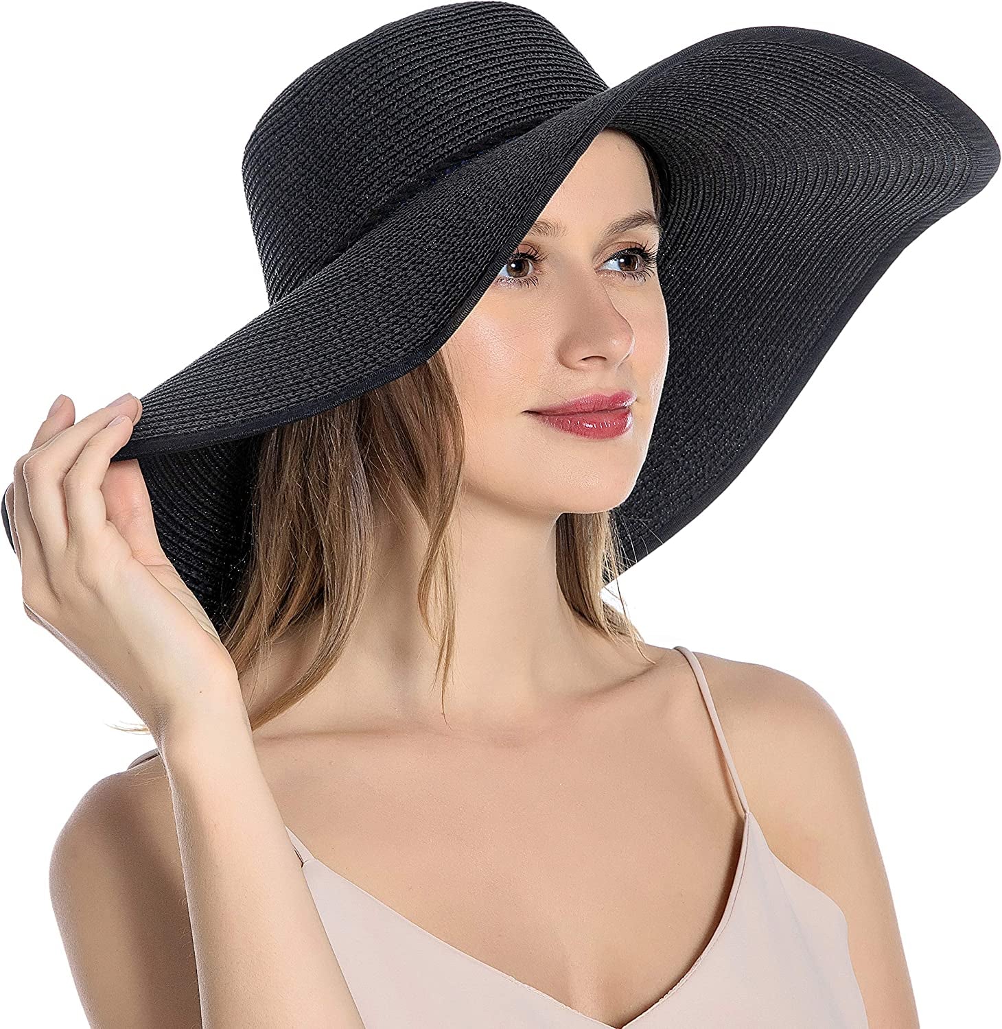 Muryobao Womens Sun Straw Hat Wide Brim UV UPF 50 Summer Hat Foldable Roll up Floppy Beach Cap for Women Apparel & Accessories > Clothing Accessories > Hats Muryobao Black  