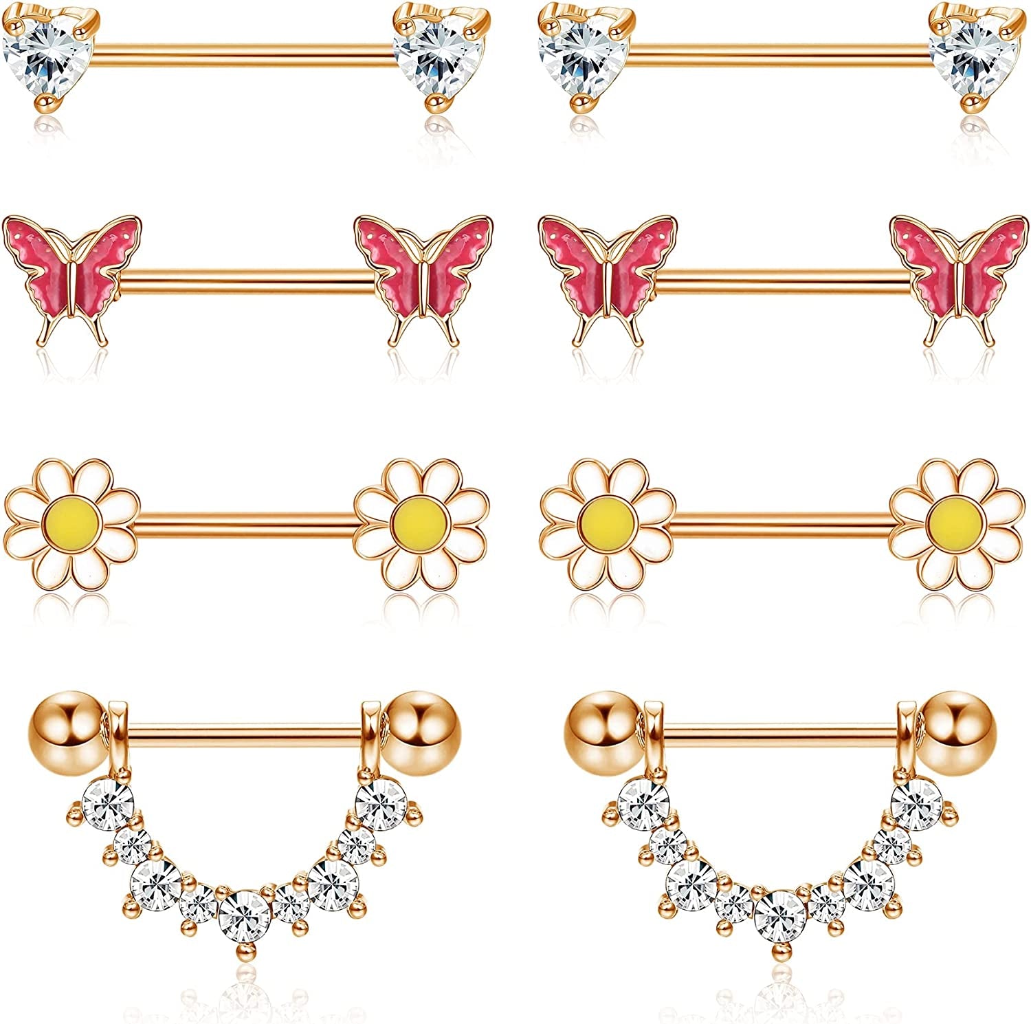 FINREZIO 4Pairs 14G Nipple Rings 316L Surgical Steel Flower Nipple Tongue Ring Barbell Piercing for Women Body Piercing Jewelry Apparel & Accessories > Jewelry > Body Jewelry FINREZIO Rose gold tone  
