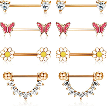 FINREZIO 4Pairs 14G Nipple Rings 316L Surgical Steel Flower Nipple Tongue Ring Barbell Piercing for Women Body Piercing Jewelry Apparel & Accessories > Jewelry > Body Jewelry FINREZIO Rose gold tone  