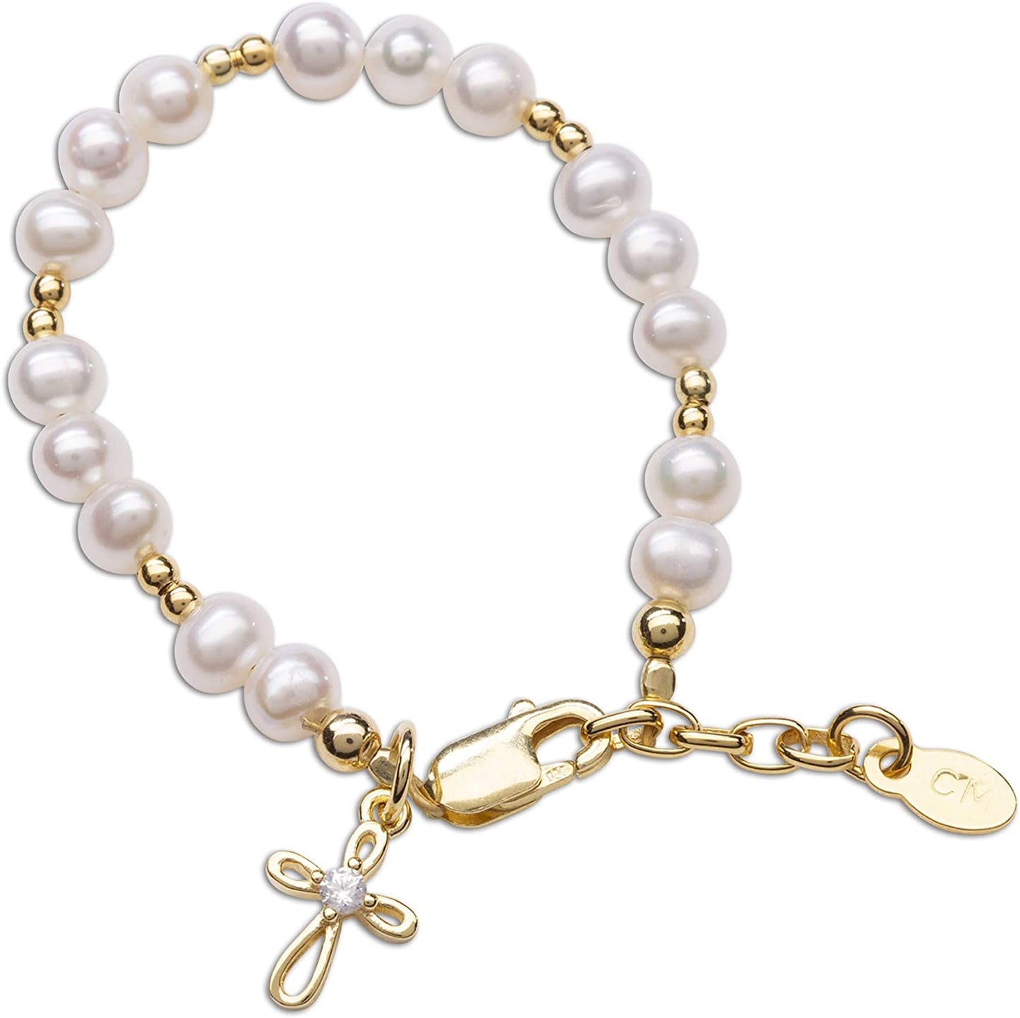 Children'S 14K Gold-Plated Bracelet And/Or Necklace with Cultured Pearls and Cross Charm for Baptism, Christening or First Communion Gift for Girls Apparel & Accessories > Jewelry > Bracelets Cherished Moments Bracelet-MED (5-5.5 Inches)  