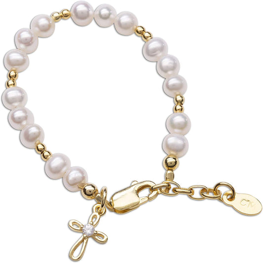 Children'S 14K Gold-Plated Bracelet And/Or Necklace with Cultured Pearls and Cross Charm for Baptism, Christening or First Communion Gift for Girls Apparel & Accessories > Jewelry > Bracelets Cherished Moments Bracelet-MED (5-5.5 Inches)  