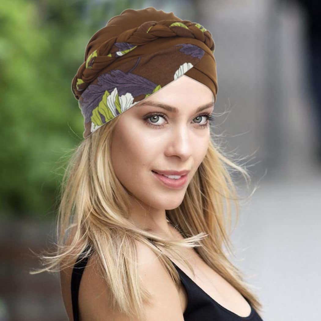 Woeoe African Turban Head Wraps Brown Pattern Head Scarf Pre-Tied Flower Print Head Cover Cap Headwear for Women and Girls(Pack of 2) Apparel & Accessories > Clothing Accessories > Headwear Woeoe   