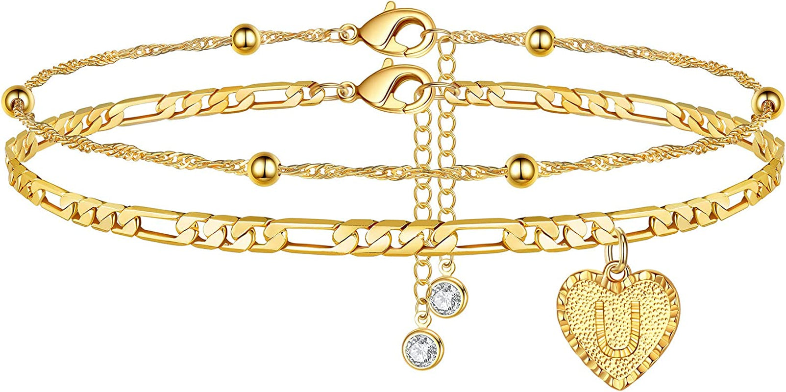 Heart Ankle Bracelets for Women, 14K Gold Filled Layered Figaro Chain Anklet Initial Heart Pendant Anklet Gold Anklets for Women Beach Summer Anklet Foot Jewelry with Extension Apparel & Accessories > Jewelry > Anklets MONOOC U  