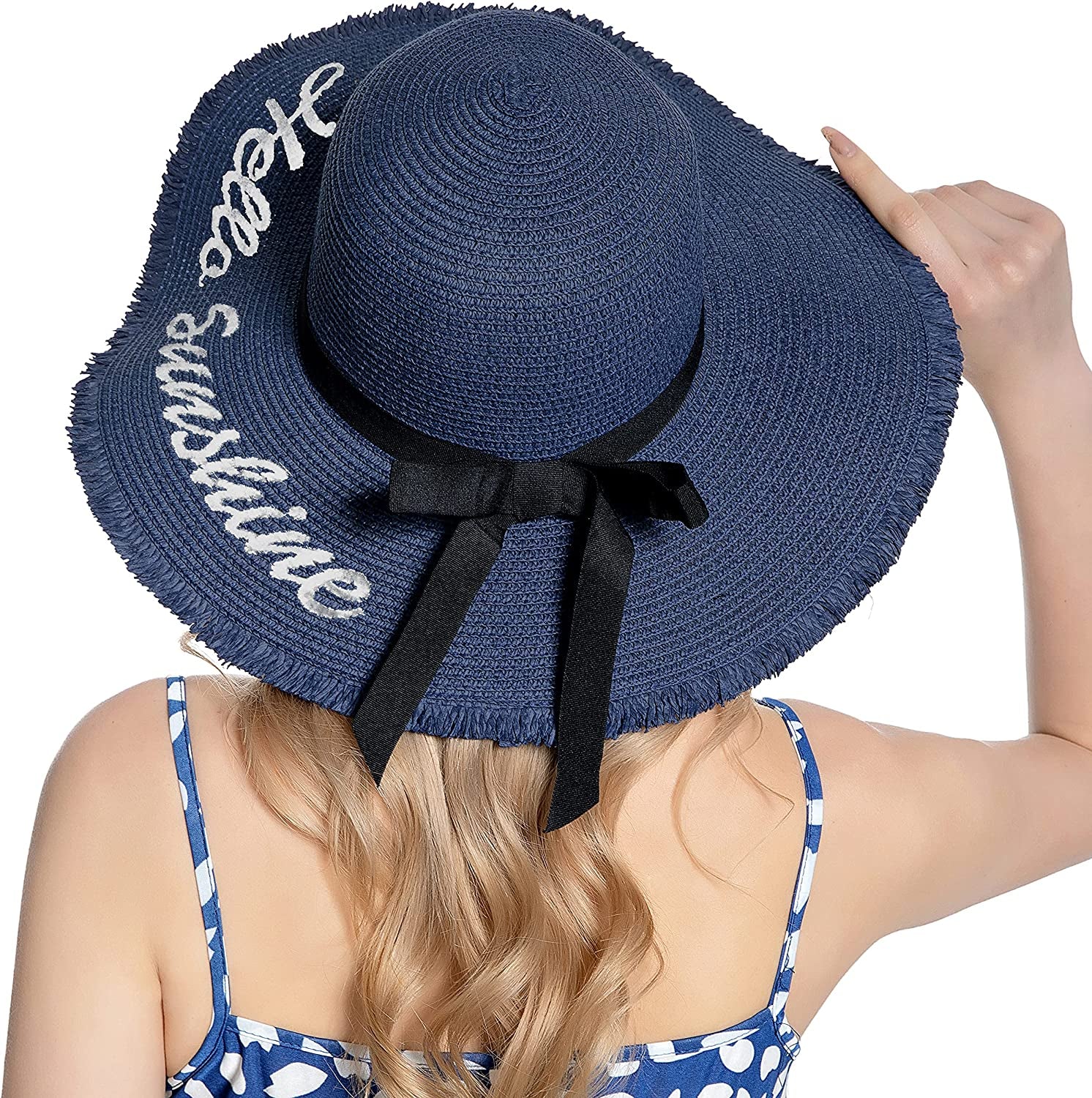 Muryobao Womens Wide Brim Straw Hat Floppy Foldable Roll up Cap Beach Sun Hat for Summer UV UPF50+ Apparel & Accessories > Clothing Accessories > Hats Muryobao Navy Blue  