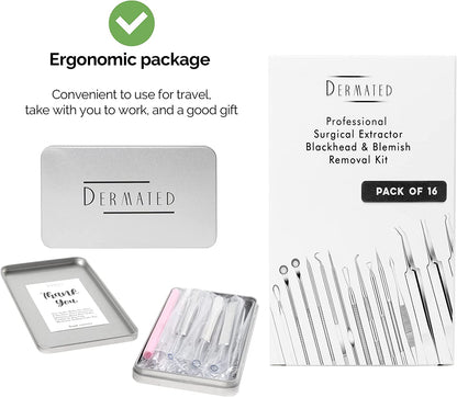 Dermated [16 Pack] Blackhead Remover Tools Pimple Popper Tool Kit | Stainless Steel Professional Pimple Extractor Tool Kit for Blackheads, Blemish, Comdone, Acne, Zit, and Whiteheads for Face & Nose Health & Beauty > Personal Care > Cosmetics > Cosmetic Tools > Skin Care Tools DERMATED   