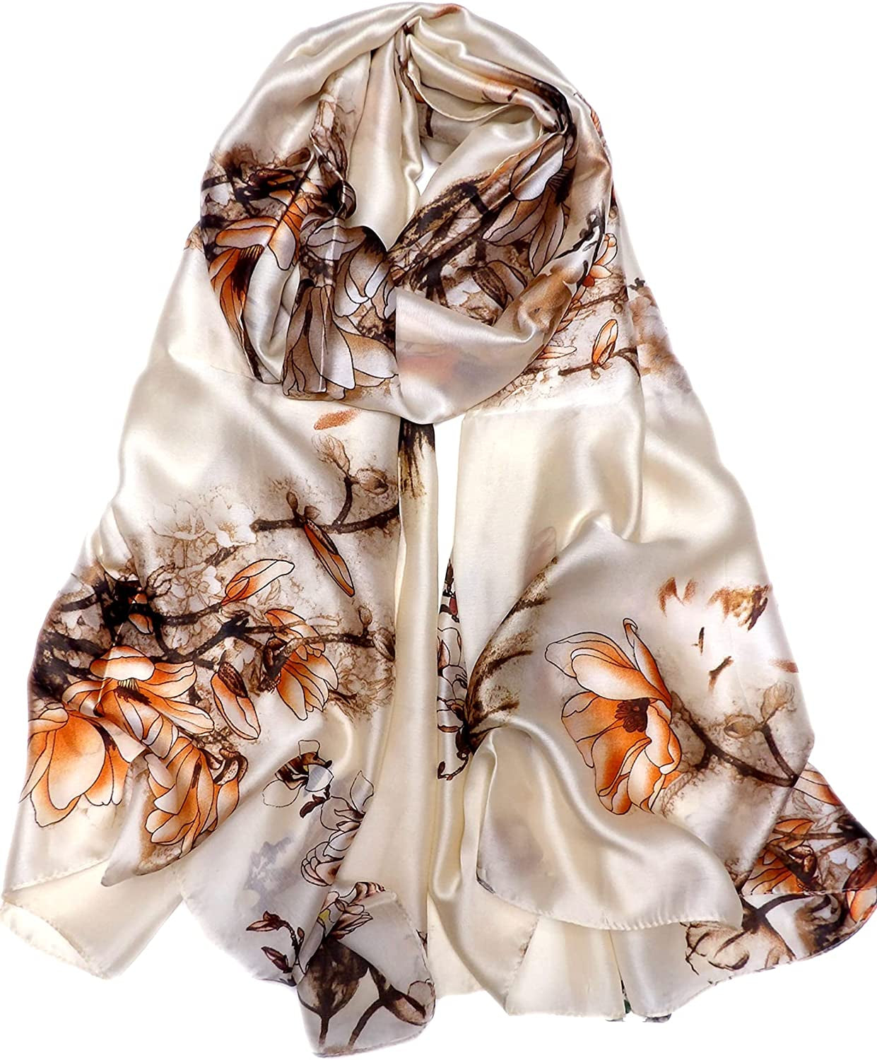 Iristide Long Silk Scarf Summer Lightweight Satin Shawl Outdoor Floral Large Wrap 70''X35'' Apparel & Accessories > Clothing Accessories > Scarves & Shawls Iristide 22-beige  
