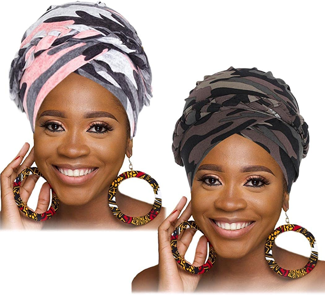 Woeoe African Head Wraps Stretch Braid Chemo Hat Cap Print Pre-Tied Head Turbans Headwear for Women and Girls Apparel & Accessories > Clothing Accessories > Headwear Woeoe Army Green  