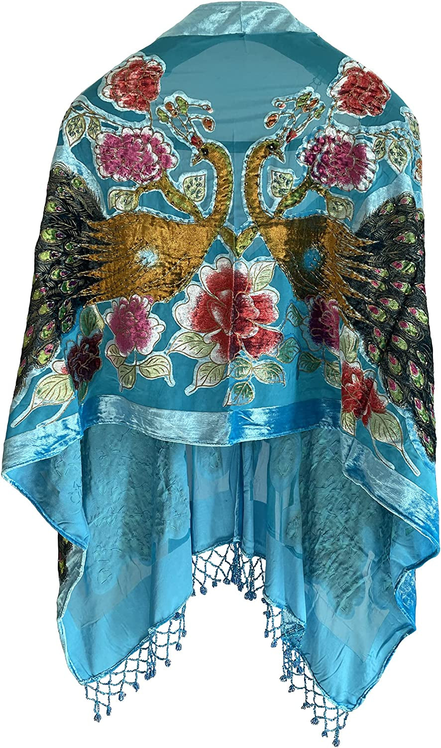 Peacock Velvet Shawl with Fringe Beaded Shawl for Women Peacock Scarf Handmade Beading Indian Wraps for Women with Tassel Apparel & Accessories > Clothing Accessories > Scarves & Shawls DQSSYTTX Blue  