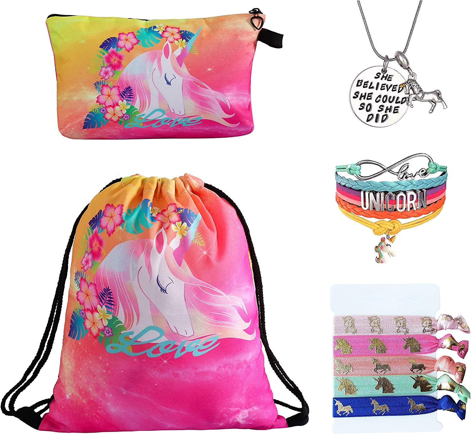 Unicorn Gifts for Girls - Unicorn Drawstring Backpack/Makeup Bag/Bracelet/Inspirational Necklace/Hair Ties (Flower Unicorn) Apparel & Accessories > Jewelry > Bracelets Doctor Unicorn Summer Flower Unicorn  