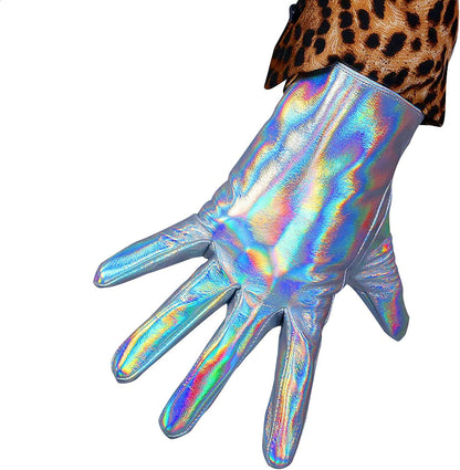 Dooway Women'S Short Dress Leather Gloves for Evening Costumes Daily Faux Leather PU 21Cm Apparel & Accessories > Clothing Accessories > Gloves & Mittens DooWay Hologram Silver  