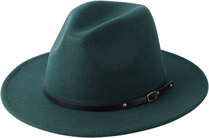 Lanzom Womens Classic Wide Brim Floppy Panama Hat Belt Buckle Wool Fedora Hat Apparel & Accessories > Clothing Accessories > Hats Lanzom Y-christmas Green One Size 