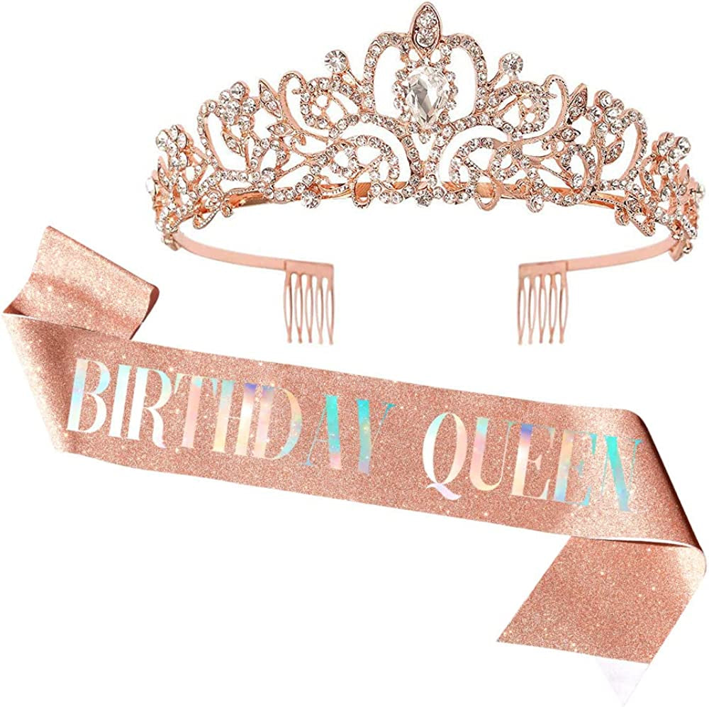 LATFZ Birthday Bitch Sash & Crown Tiara Kit - Black Glitter Birthday Sash Birthday Gifts for Women Birthday Party Supplies Apparel & Accessories > Clothing Accessories > Sashes LATFZ New Birhtday Queen,rose Pink  