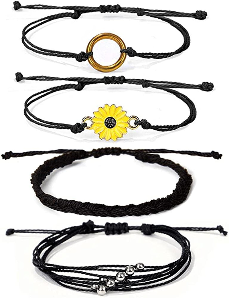 Caiyao 4 Pcs Summer Surfer Wave Anklet Bracelets Adjustable Strand Braided String Rope Bracelets Waterproof Handmade Sunflower Bracelets Anklets Jewelry for Women Teen Girls Apparel & Accessories > Jewelry > Anklets InShine Black  