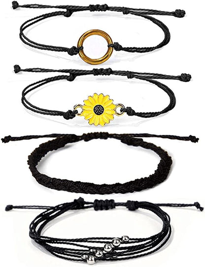Caiyao 4 Pcs Summer Surfer Wave Anklet Bracelets Adjustable Strand Braided String Rope Bracelets Waterproof Handmade Sunflower Bracelets Anklets Jewelry for Women Teen Girls Apparel & Accessories > Jewelry > Anklets InShine Black  