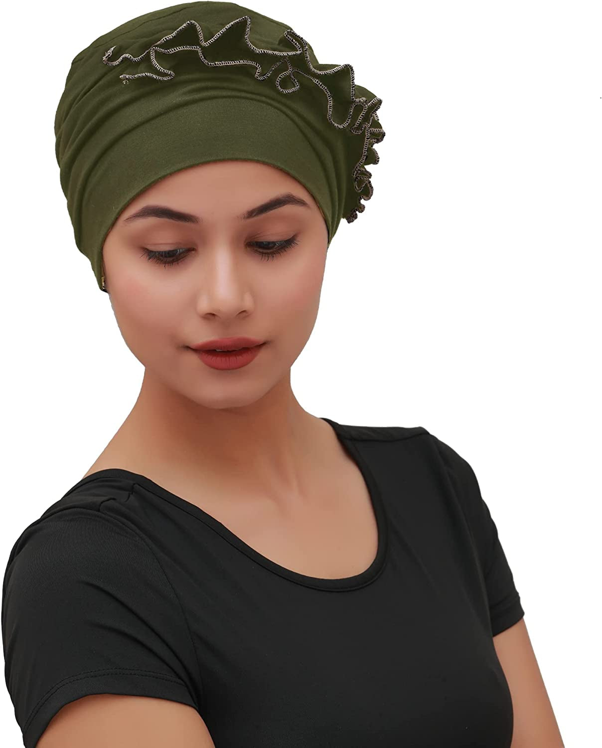 SAKUCHI Women Chemo 2 Piece Ruffle Cap & Band for Cancer Hair Loss Women Silky Soft Bamboo Headwear (2 Piece) Apparel & Accessories > Clothing Accessories > Headwear SAKUCHI Chive  