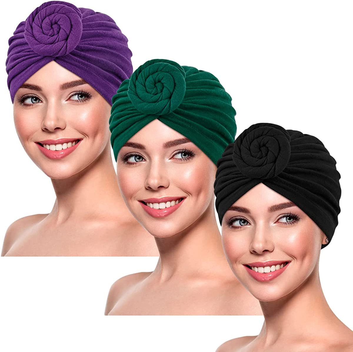 DANMY Women'S Beanie Turban Hats, Indian Hats Headscarves, Beanie Hats for Women,Turban for Women Apparel & Accessories > Clothing Accessories > Headwear DANMY Green Black Purple -3pcs  