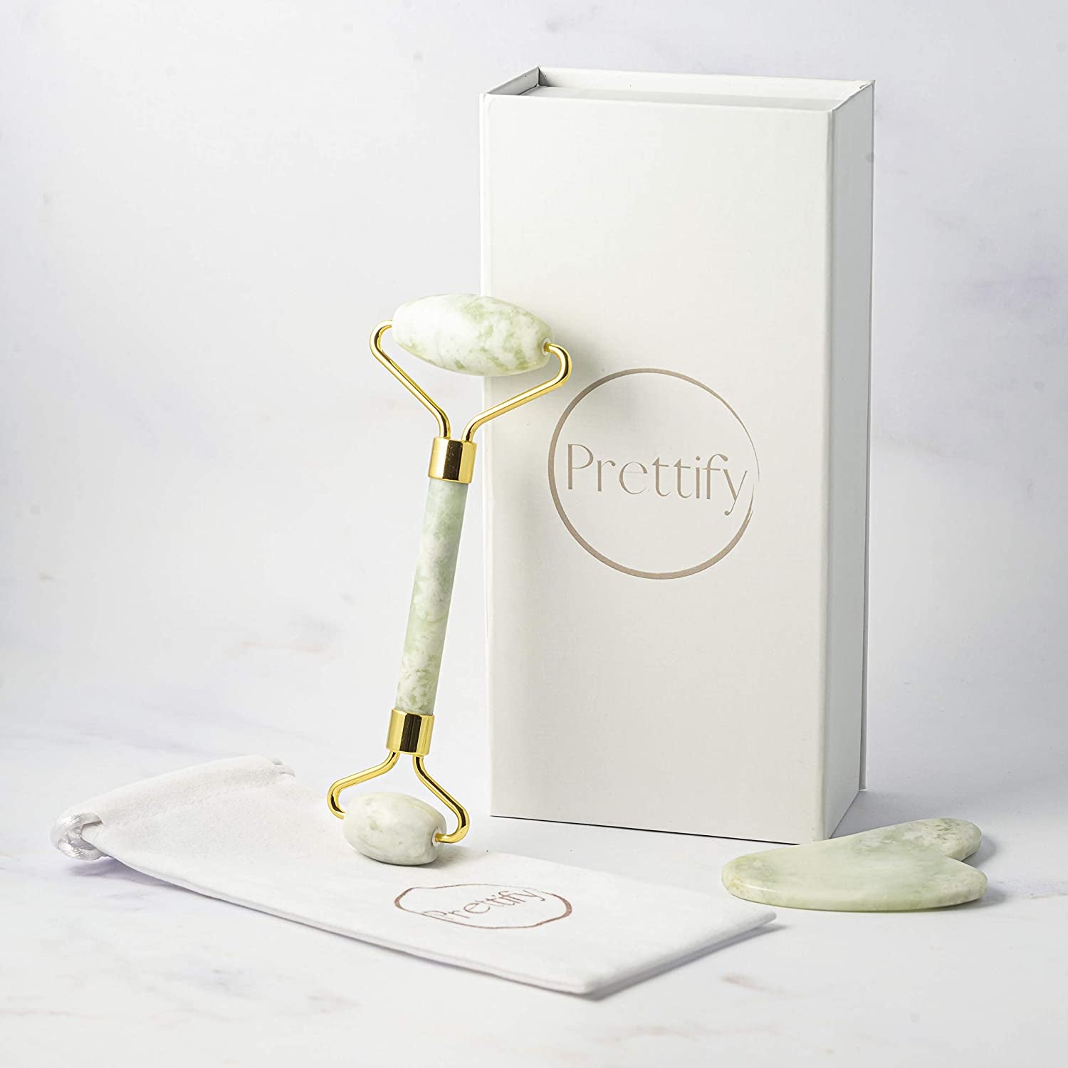 Prettify Premium Jade Face Roller and Gua Sha Set – Authentic Jade Face Roller Massager and Jade Gua Sha Massage Tool Set Health & Beauty > Personal Care > Cosmetics > Cosmetic Tools > Skin Care Tools Prettify   