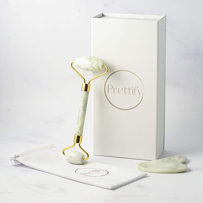 Prettify Premium Jade Face Roller and Gua Sha Set – Authentic Jade Face Roller Massager and Jade Gua Sha Massage Tool Set Health & Beauty > Personal Care > Cosmetics > Cosmetic Tools > Skin Care Tools Prettify   
