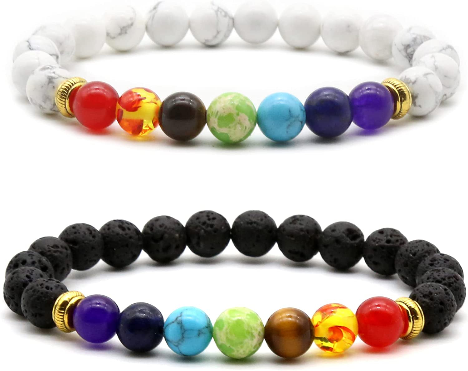 HEDQFM 2Pcs Lava Rock 7 Chakra Bracelets Aromatherapy Essential Oil Diffuser Bracelets Couples Yoga Beads Bracelet Volcanic Lava Stone Stretch Bracelet for Men Women Apparel & Accessories > Jewelry > Bracelets HEDQFM style D  