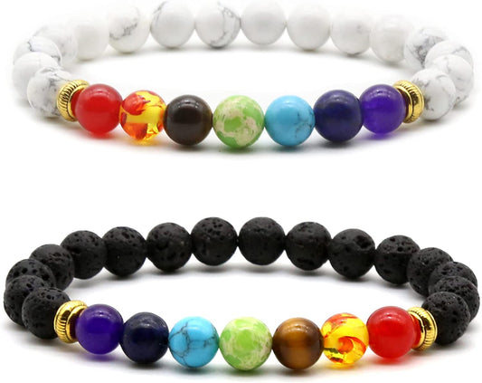 HEDQFM 2Pcs Lava Rock 7 Chakra Bracelets Aromatherapy Essential Oil Diffuser Bracelets Couples Yoga Beads Bracelet Volcanic Lava Stone Stretch Bracelet for Men Women Apparel & Accessories > Jewelry > Bracelets HEDQFM style D  