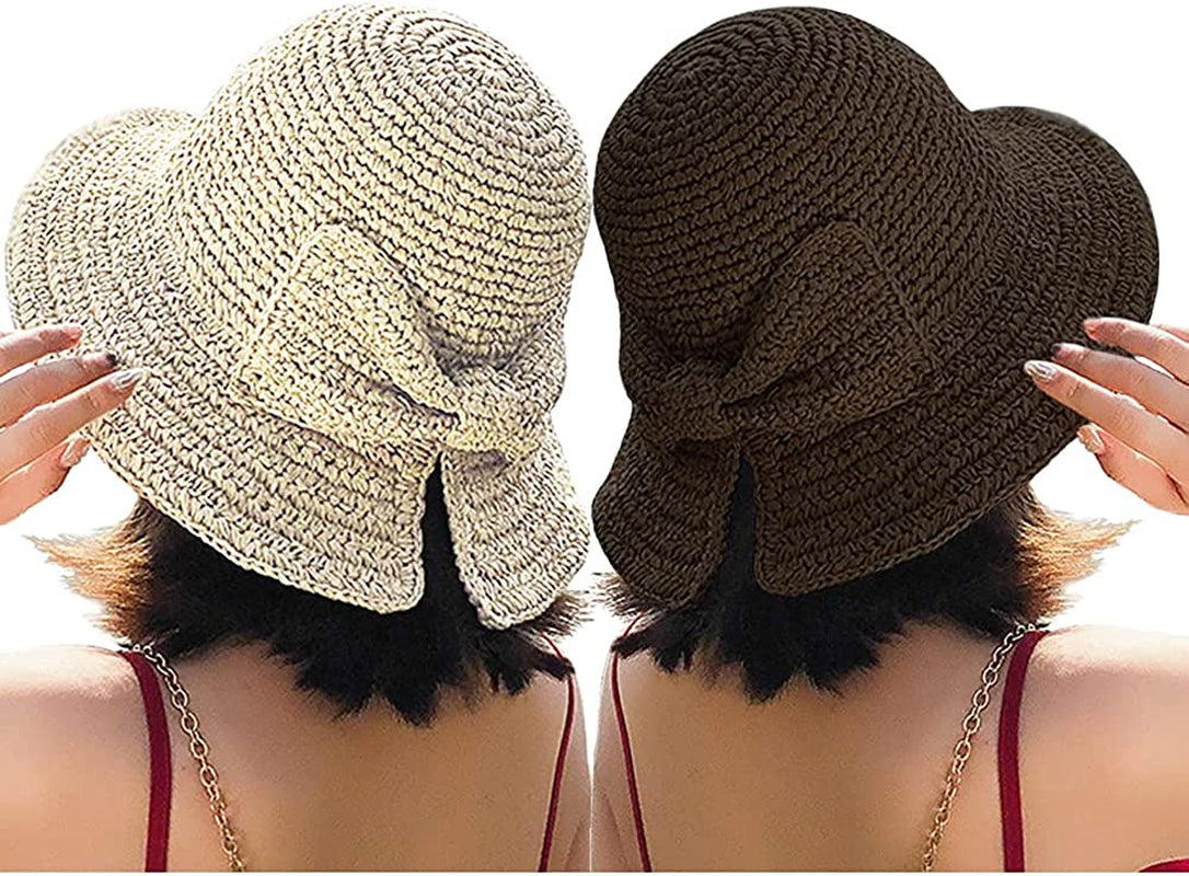 Foldable Wide Brim Floppy Straw Beach Sun Hat,Summer Cap with Bowknot for Women Girls,Strap Adjustable Apparel & Accessories > Clothing Accessories > Hats Bseash 2 Pack Beige & Brown  