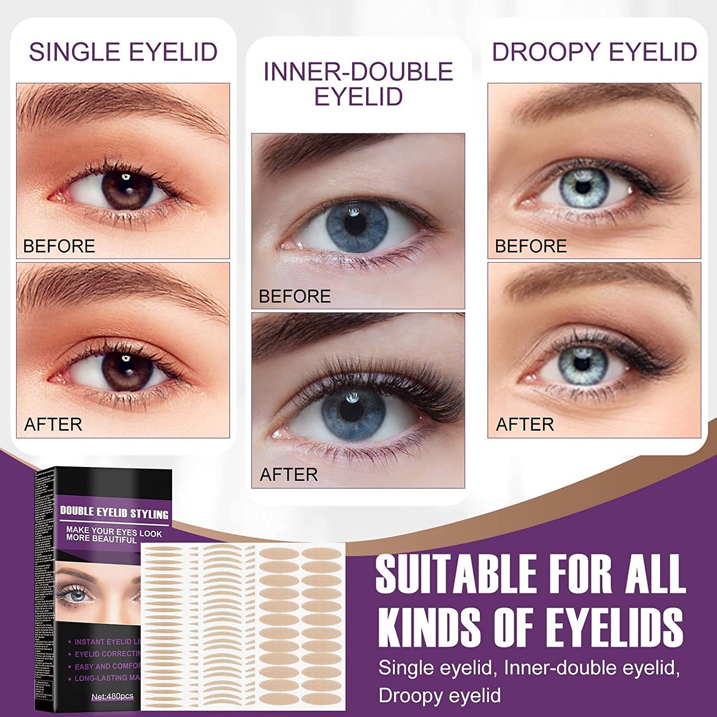 Eyelid Tape, Double Eyelid Stickers with Styling Glue, Big Eye Tools with Fork Rods & Tweezers, Breathable & Invisible,Instantly Enlarge the Eyes,Convenient for Makeup,Waterproof and Sweatproof Health & Beauty > Personal Care > Cosmetics > Cosmetic Tools > Makeup Tools Feulover   