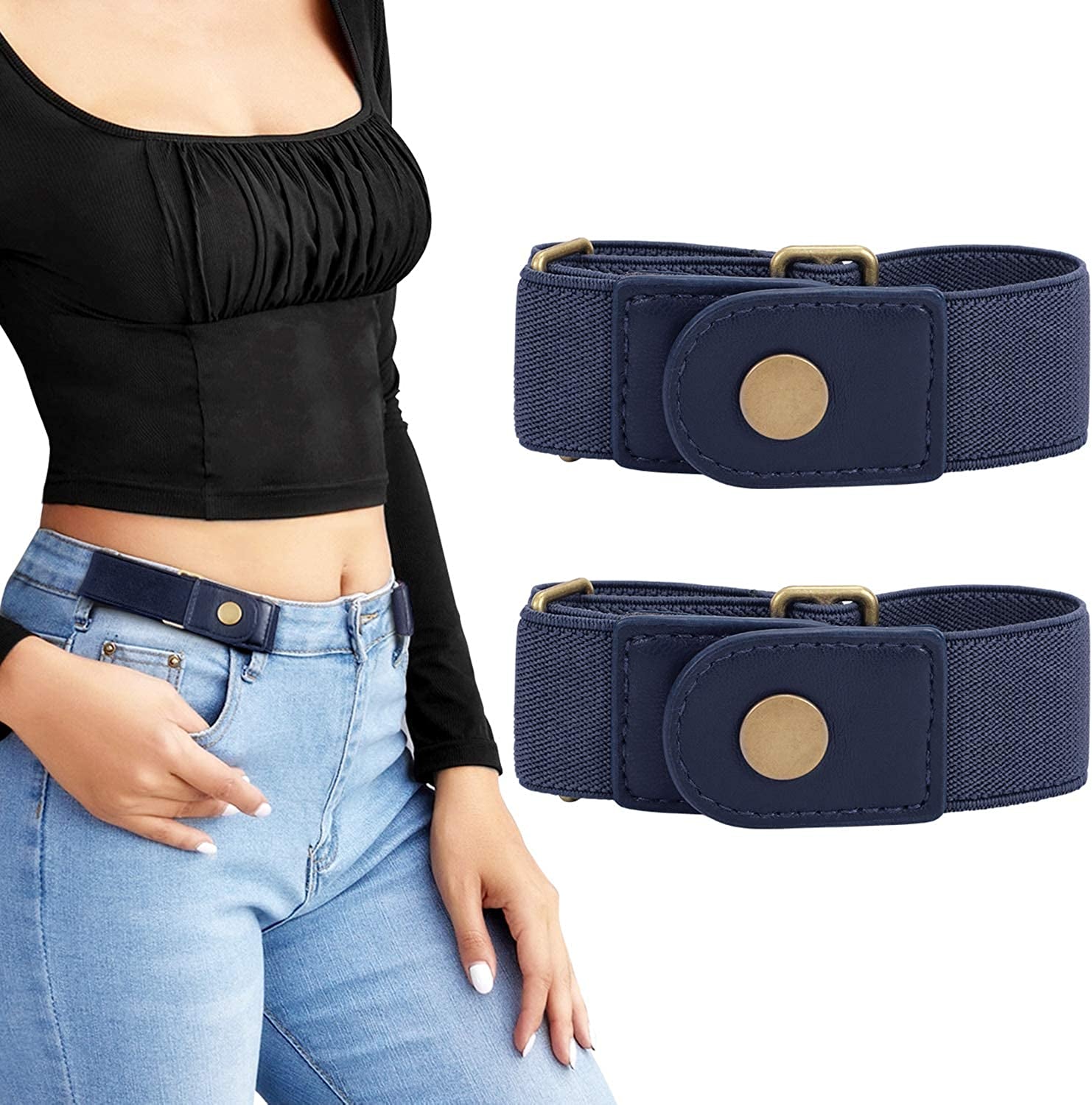 No Buckle Stretch Belt for Women/Men—2 Pack Elastic Invisible Belt for Jeans Apparel & Accessories > Clothing Accessories > Belts LEACOOLKEY B-blue+blue Fits 2 loop size 7"-14" 