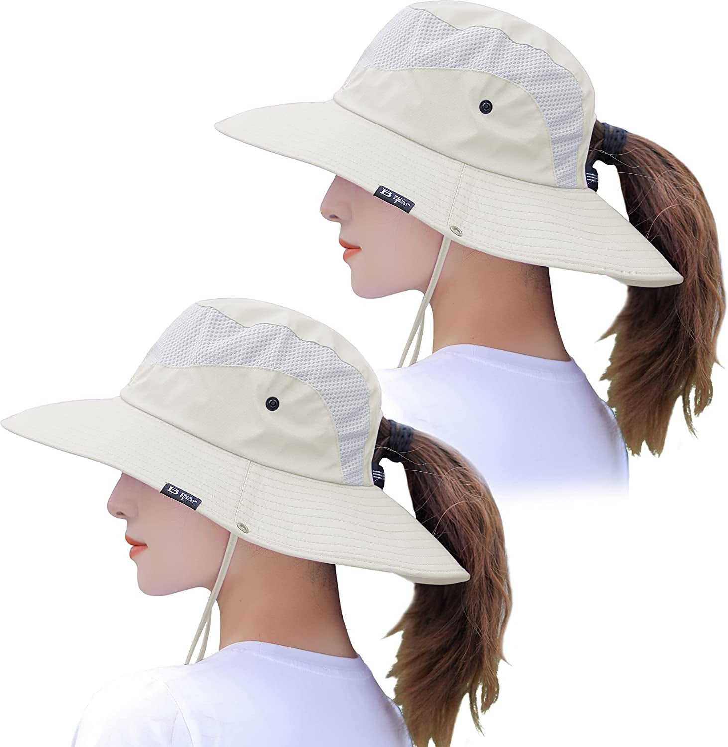 Muryobao 2 Pack Womens Sun Hat Wide Brim UV Protection Beach Hats with Ponytail Hole Apparel & Accessories > Clothing Accessories > Hats Muryobao 2 Pack - Beige & Beige  