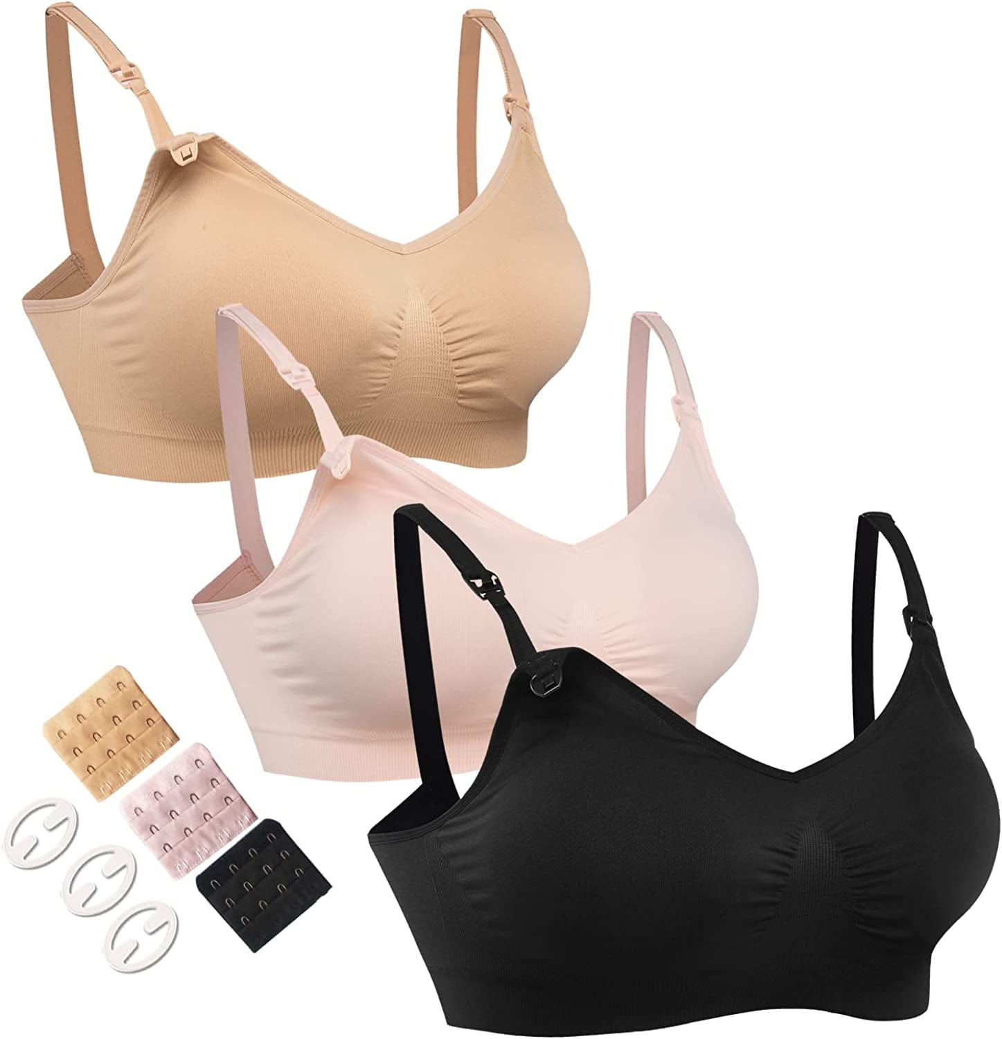 3PACK Full Bust Seamless Nursing Maternity Bras Bralette S-XXL with Extra Bra Extenders & Clips 3pack:black Nude Pink / Medium