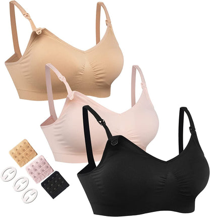 3PACK Full Bust Seamless Nursing Maternity Bras Bralette S-XXL with Extra Bra Extenders & Clips 3pack:black Nude Pink / Medium