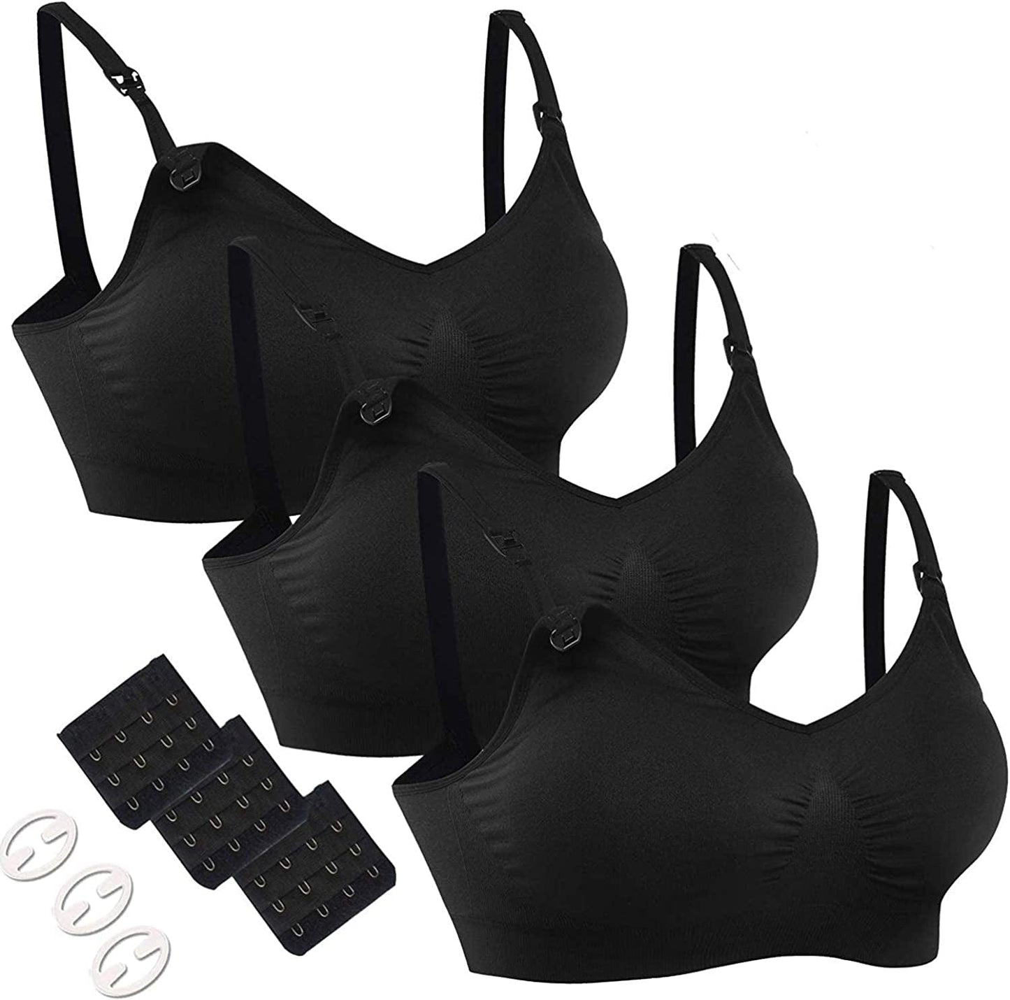 3PACK Full Bust Seamless Nursing Maternity Bras Bralette S-XXL with Extra Bra Extenders & Clips 3pcs/Pack(black) / Medium