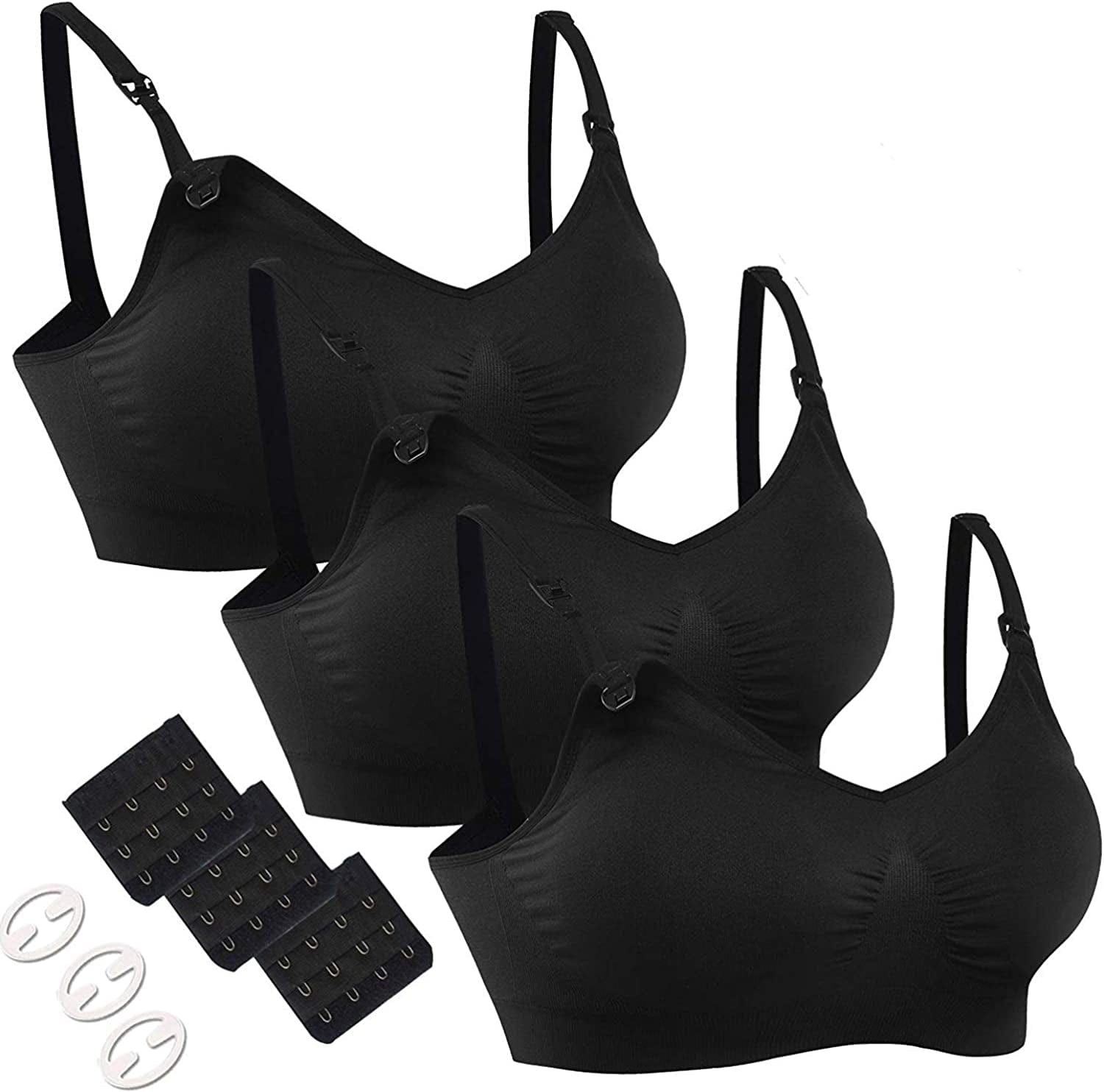 3PACK Full Bust Seamless Nursing Maternity Bras Bralette S-XXL with Extra Bra Extenders & Clips 3pcs/Pack(black) / Medium