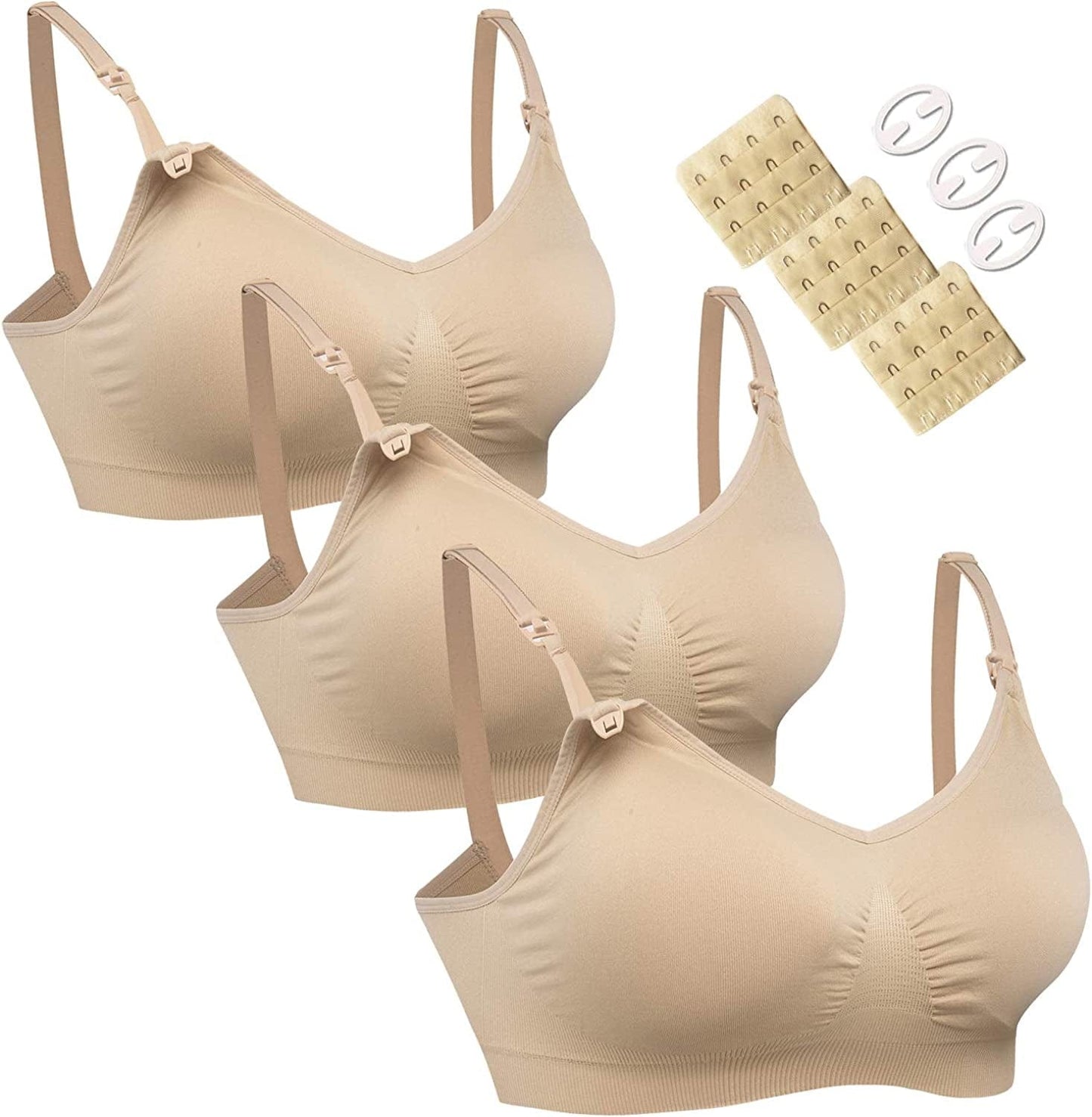 3PACK Full Bust Seamless Nursing Maternity Bras Bralette S-XXL with Extra Bra Extenders & Clips 3pcs/Pack(beige) / Small