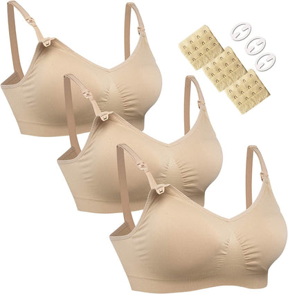 3PACK Full Bust Seamless Nursing Maternity Bras Bralette S-XXL with Extra Bra Extenders & Clips 3pcs/Pack(beige) / Small