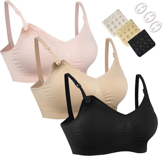 3PACK Full Bust Seamless Nursing Maternity Bras Bralette S-XXL with Extra Bra Extenders & Clips 03pcs/Pack a Pink Black Beige / Small