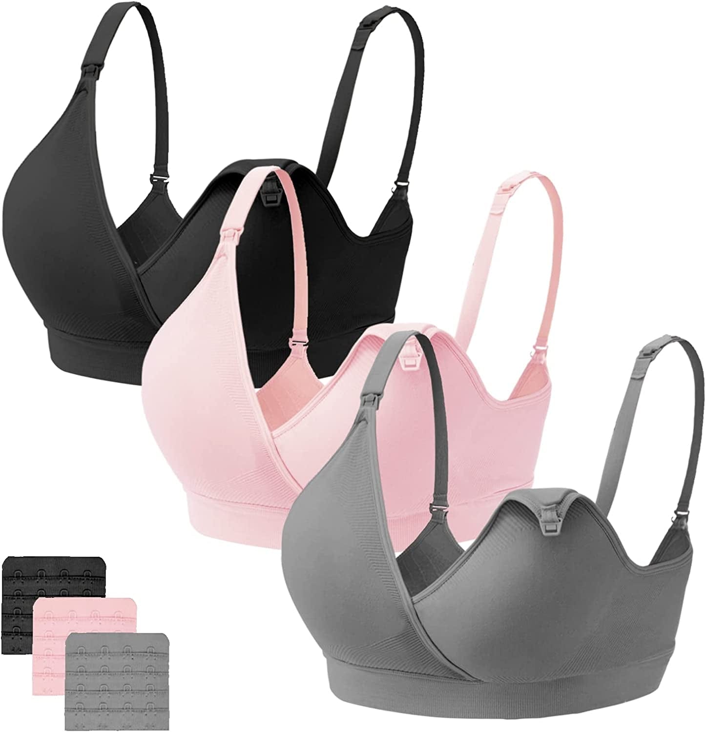3Pack Nursing Bra Maternity Breastfeeding Bras Bralette Seamless Push up Sleeping Bras for Women Black/Greypink / Small