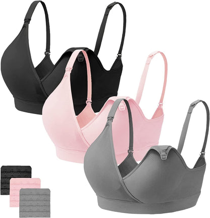3Pack Nursing Bra Maternity Breastfeeding Bras Bralette Seamless Push up Sleeping Bras for Women Black/Greypink / Small