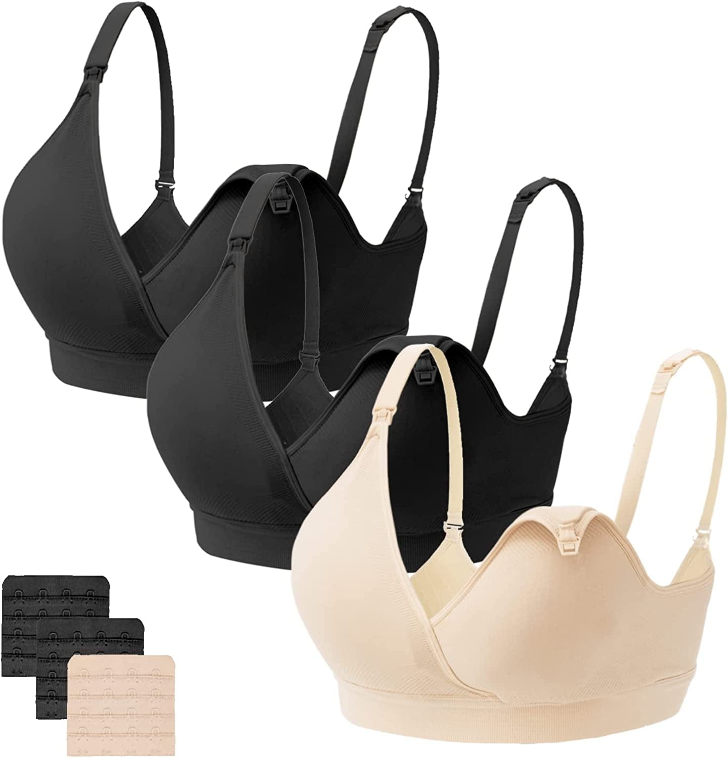 3Pack Nursing Bra Maternity Breastfeeding Bras Bralette Seamless Push up Sleeping Bras for Women Black/Black/Nude / X-Large