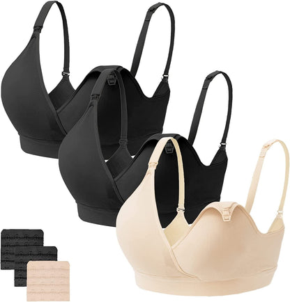 3Pack Nursing Bra Maternity Breastfeeding Bras Bralette Seamless Push up Sleeping Bras for Women Black/Black/Nude / X-Large