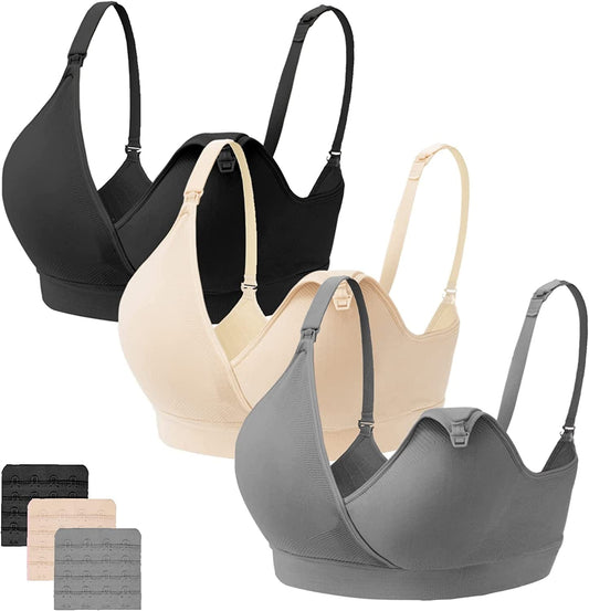 3Pack Nursing Bra Maternity Breastfeeding Bras Bralette Seamless Push up Sleeping Bras for Women Black/Nude/Grey / Small