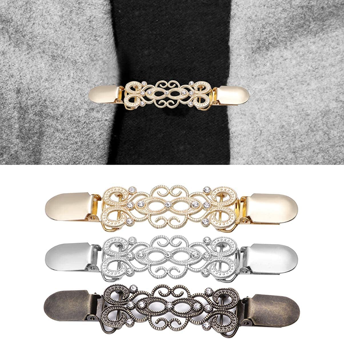 3PC Dress Clips Crystal Brooches Metal Brooch Bag Badge Lapel Pin Snowflake Scarves Buckle Elegant Scarf Ring Clip Clothing Ring Wrap Holder Clamp Silk Scarf Cape Clip Holder Clasp Shawl Chain Clip