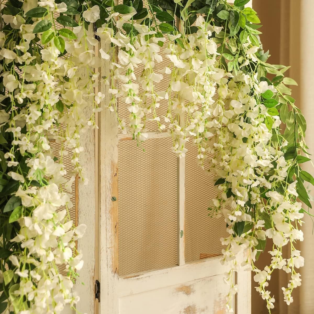 3Pcs 7.2Ft/Piece Artificial Flowers Wisteria Garland Artificial Wisteria Vine Hanging Flower Greenery Garland for Home Garden Outdoor Wedding Arch Floral Decor (White)