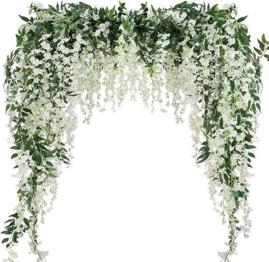 3Pcs 7.2Ft/Piece Artificial Flowers Wisteria Garland Artificial Wisteria Vine Hanging Flower Greenery Garland for Home Garden Outdoor Wedding Arch Floral Decor (White) White