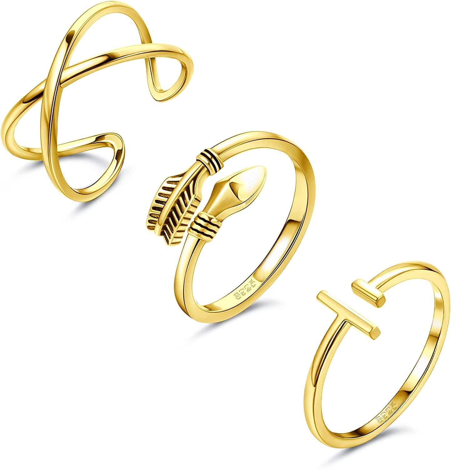 3PCS 925 Sterling Silver Open Adjustable Rings for Women Men Minimalist X Cross Arrow Stackable Rings Set Size 6-9 Gold