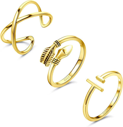 3PCS 925 Sterling Silver Open Adjustable Rings for Women Men Minimalist X Cross Arrow Stackable Rings Set Size 6-9 Gold