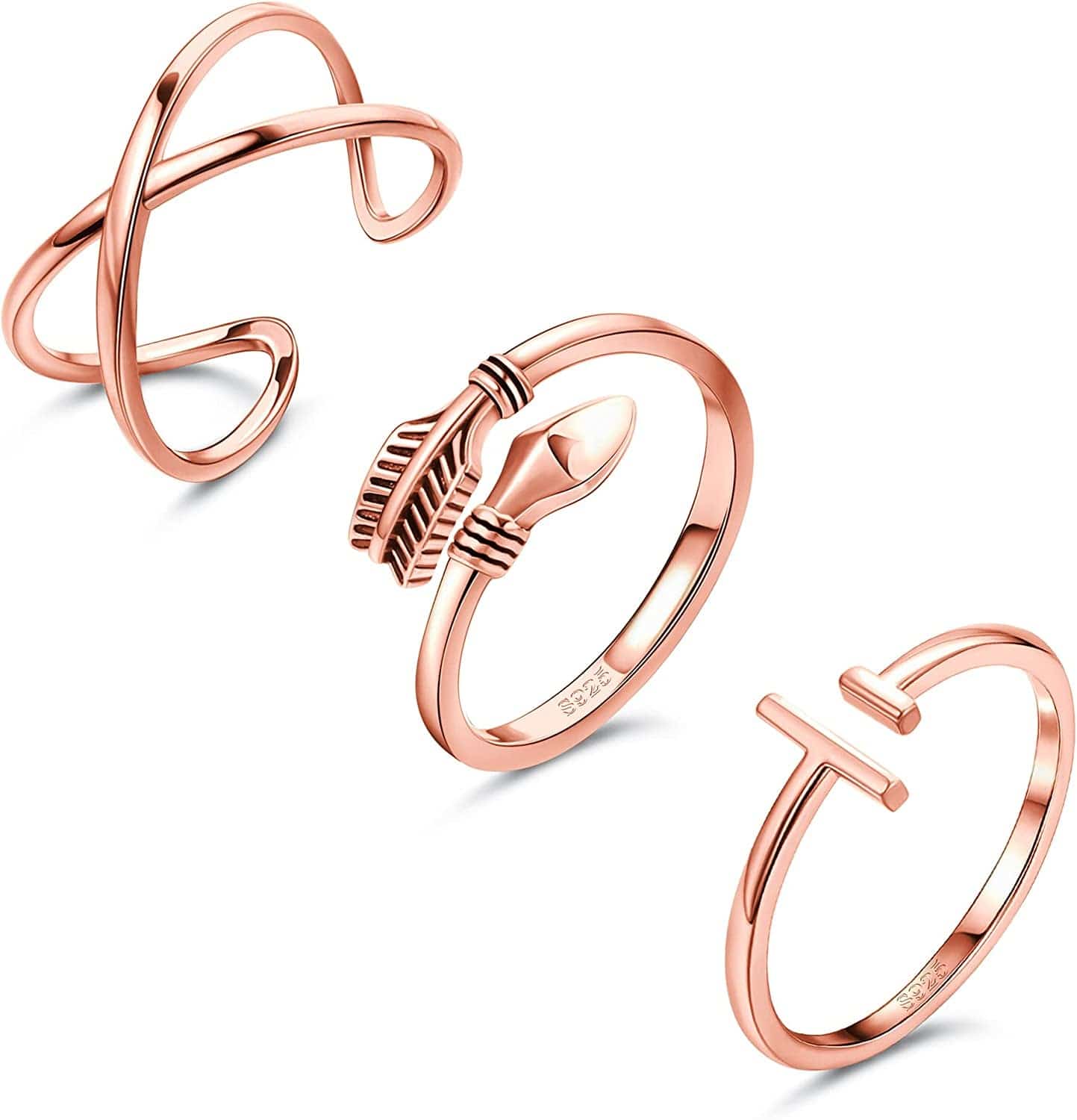 3PCS 925 Sterling Silver Open Adjustable Rings for Women Men Minimalist X Cross Arrow Stackable Rings Set Size 6-9 Rose Gold