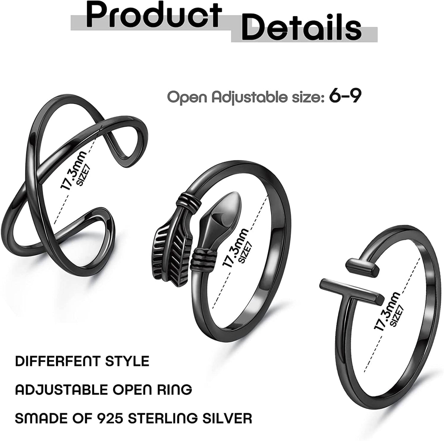 3PCS 925 Sterling Silver Open Adjustable Rings for Women Men Minimalist X Cross Arrow Stackable Rings Set Size 6-9