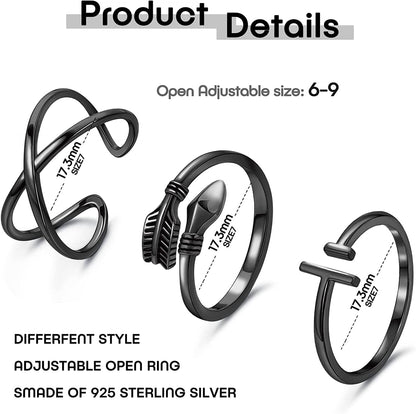 3PCS 925 Sterling Silver Open Adjustable Rings for Women Men Minimalist X Cross Arrow Stackable Rings Set Size 6-9