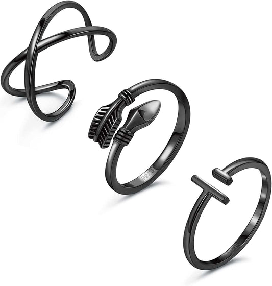 3PCS 925 Sterling Silver Open Adjustable Rings for Women Men Minimalist X Cross Arrow Stackable Rings Set Size 6-9 Black
